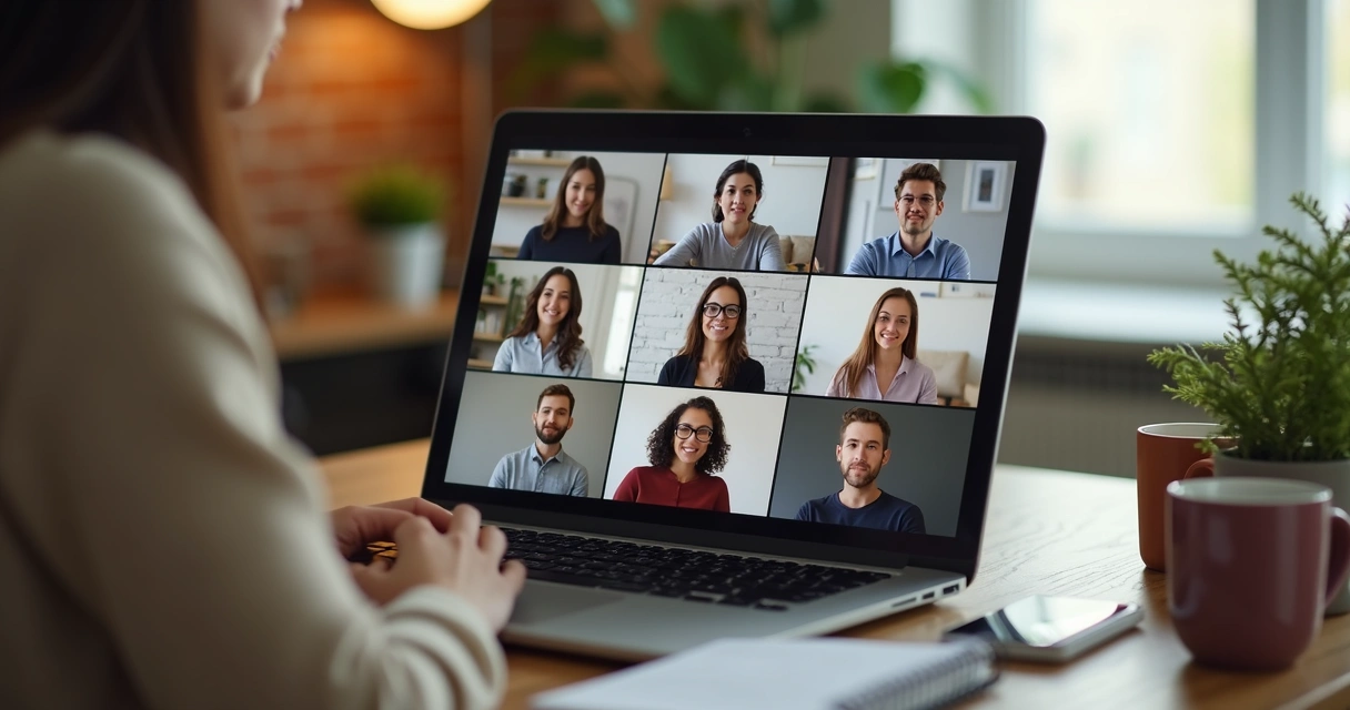 Equipo en videollamada con diálogo abierto y ambiente de confianza
