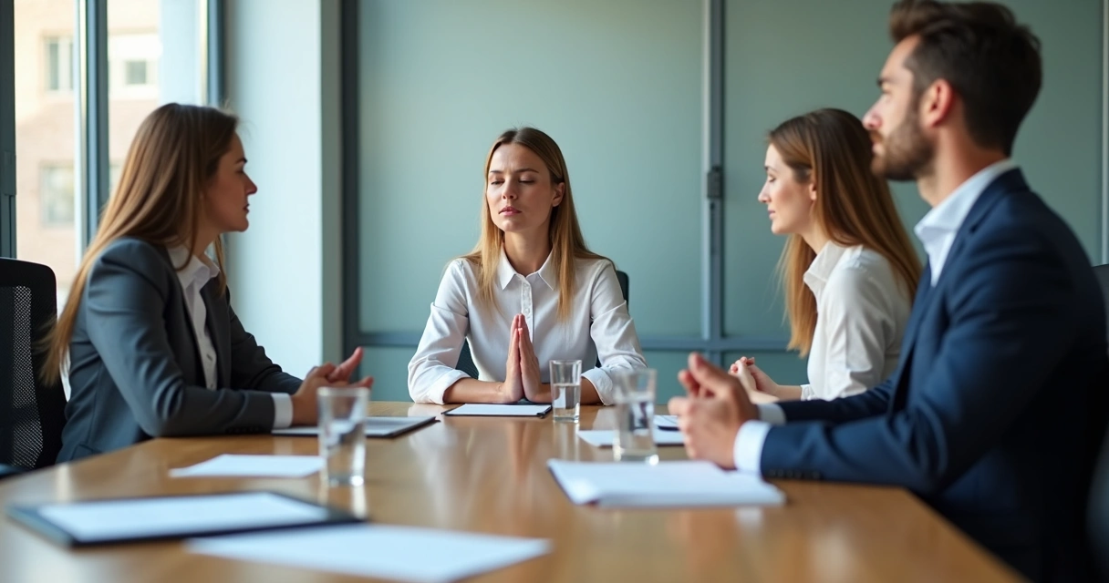 Personas en reunión haciendo una pausa de respiración antes de negociar