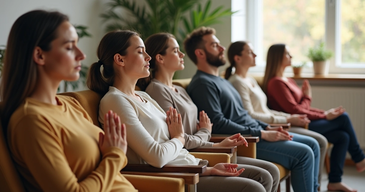 Grupo sentado en sala moderna con los ojos cerrados realizando respiración consciente 