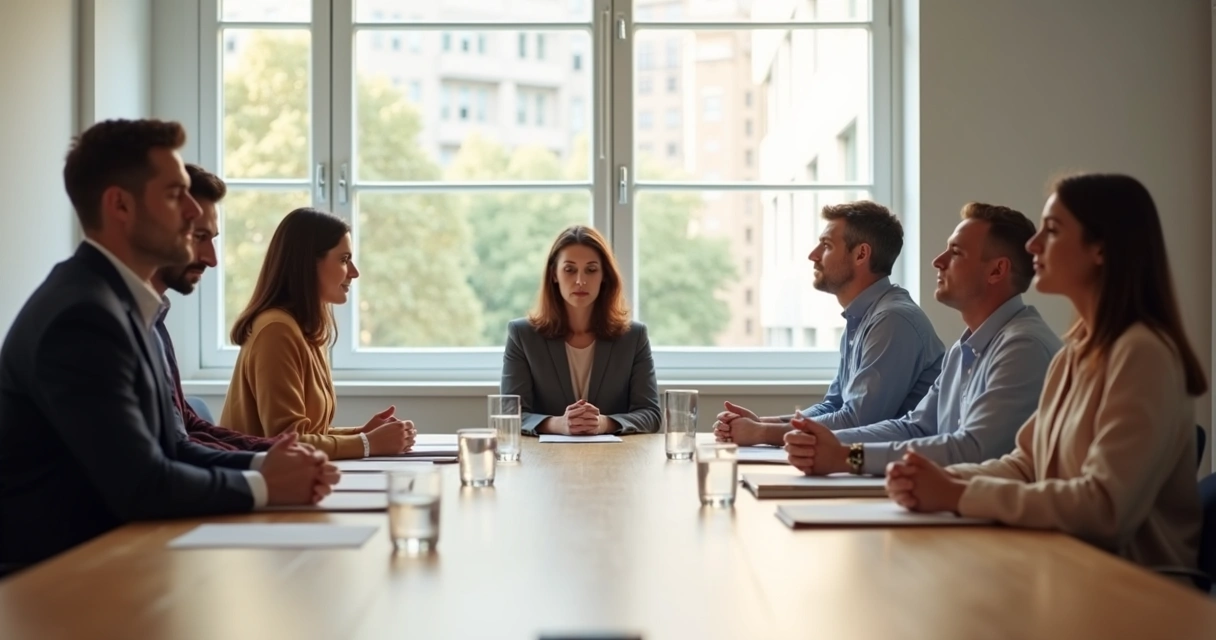 Grupo en reunión haciendo una pausa consciente con ojos cerrados y postura serena