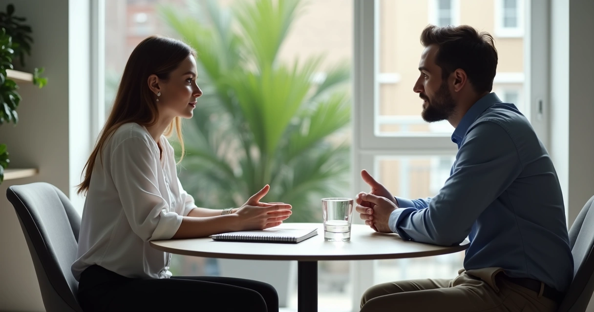 Dos personas conversan en una reunión con notas y gestos de escucha activa