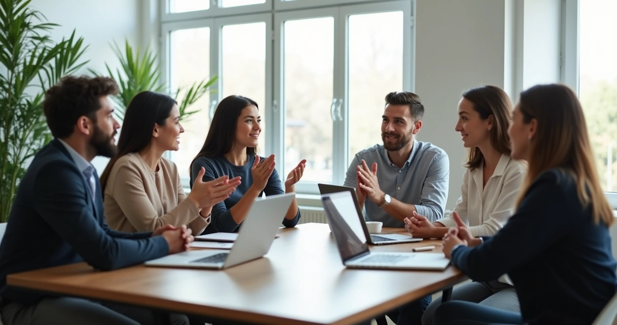 Equipo reunido conversando con atención en una oficina clara