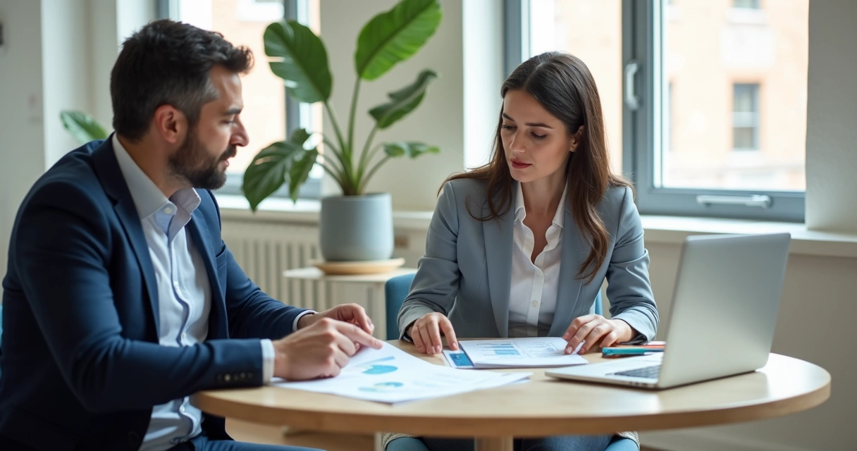 Dos personas revisando notas y gráficos en una mesa 