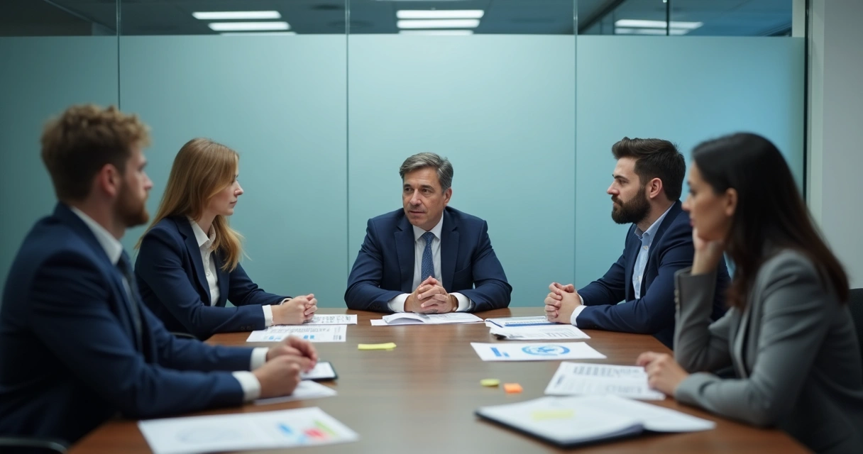 Equipo reunido alrededor de una mesa con expresiones de duda y liderazgo marcado