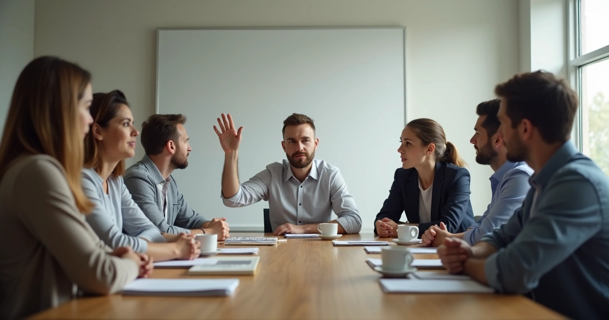 Personas en reunión guardan silencio mientras una levanta la mano 