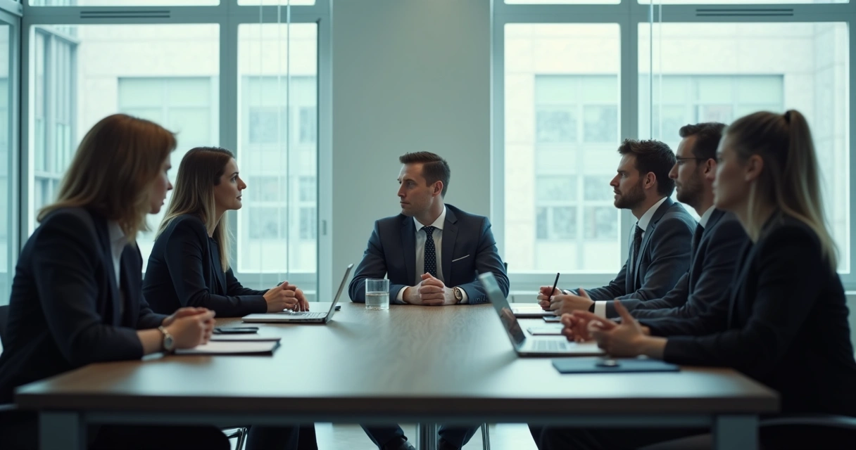 Equipo en reunión silenciosa con tensión visible en la oficina