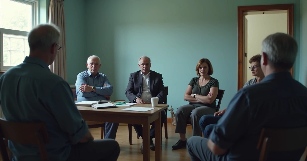 Grupo en reunión con silencio y tensión visible en sus gestos