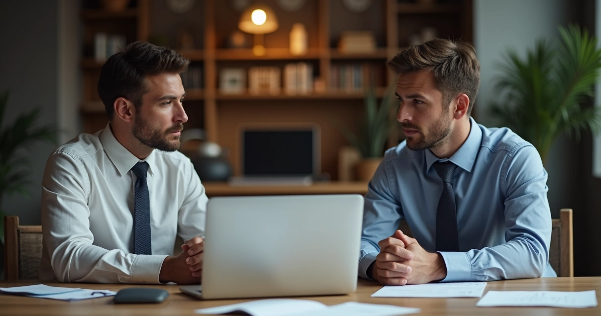 Dos socios sentados en una mesa discutiendo con gestos serios y papeles entre ambos. 