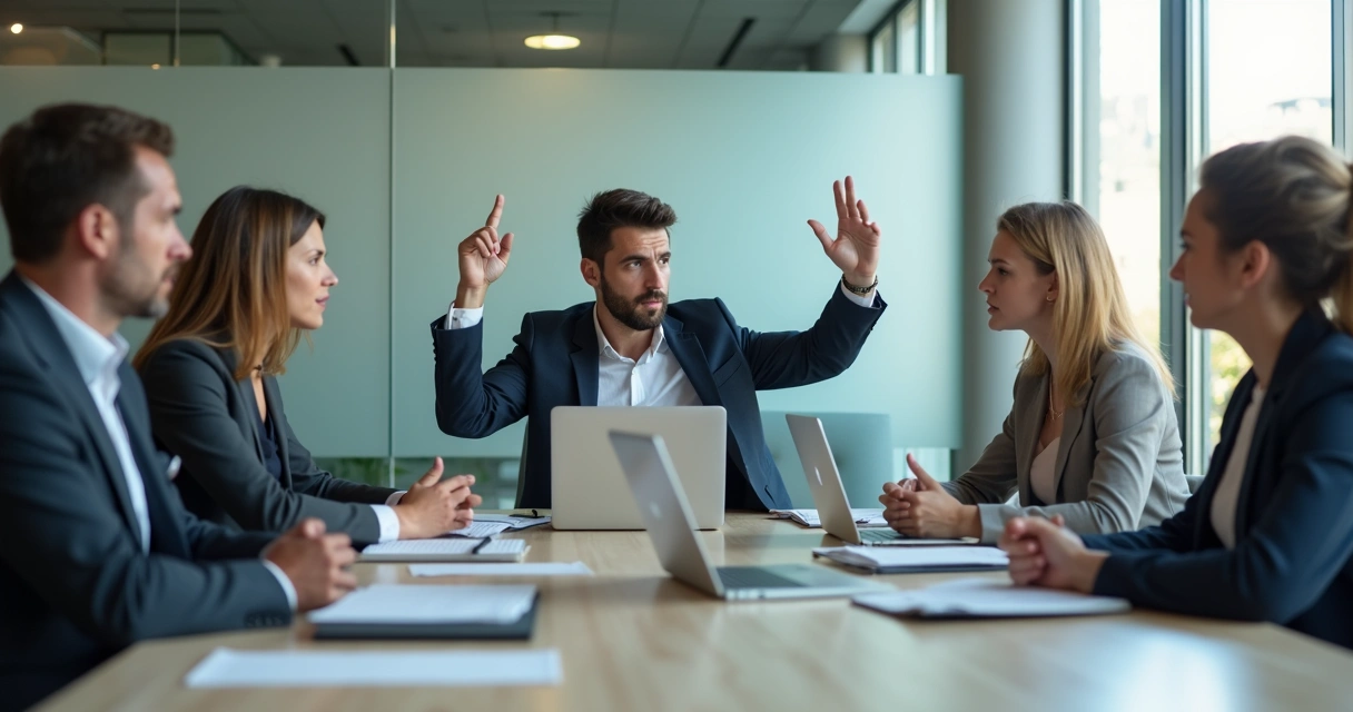 Personas en reunión con gestos de interrupción y tensión 