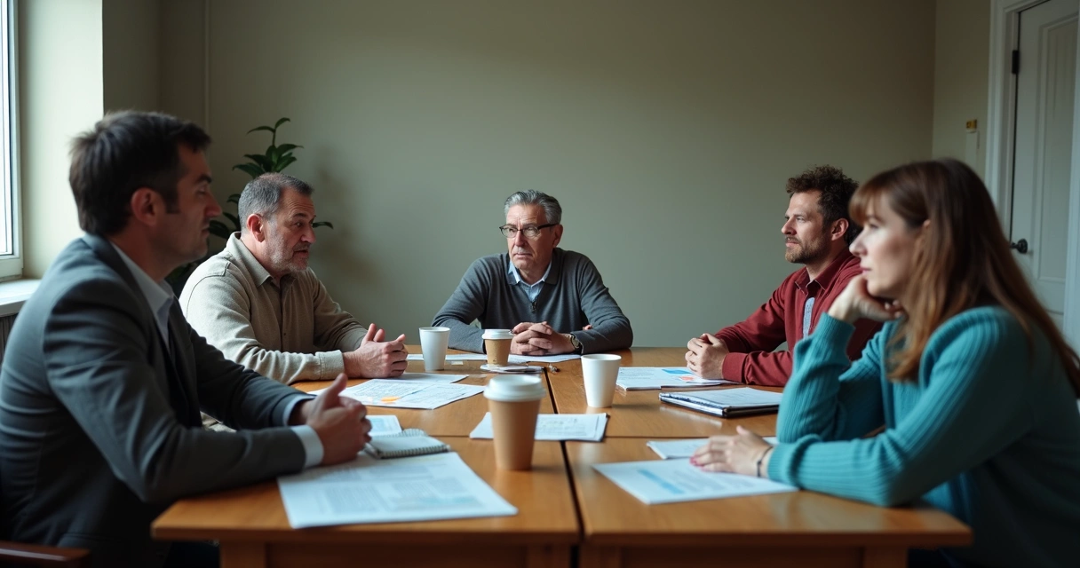 Equipo en reunión con gestos de tensión y papeles sobre la mesa 