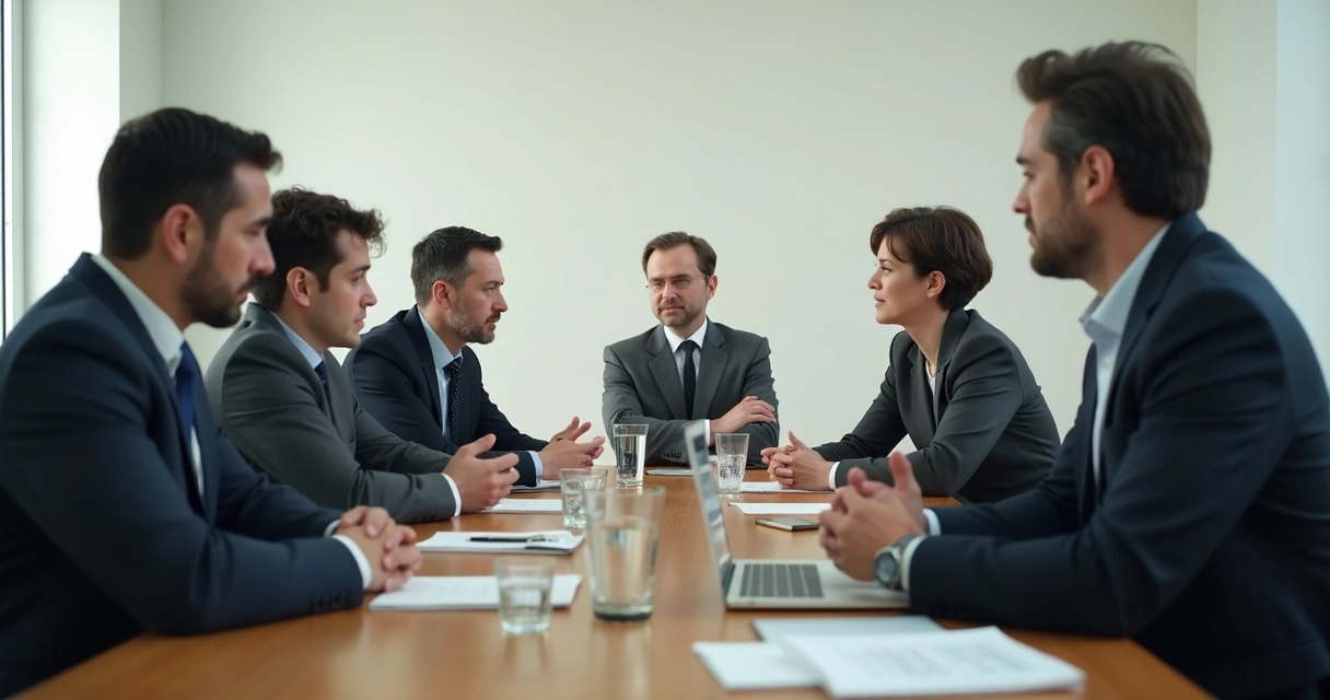 Personas en una reunión con lenguaje corporal tenso y silencio