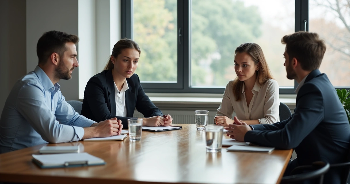 Personas en reunión observando gestos y notas sobre una mesa