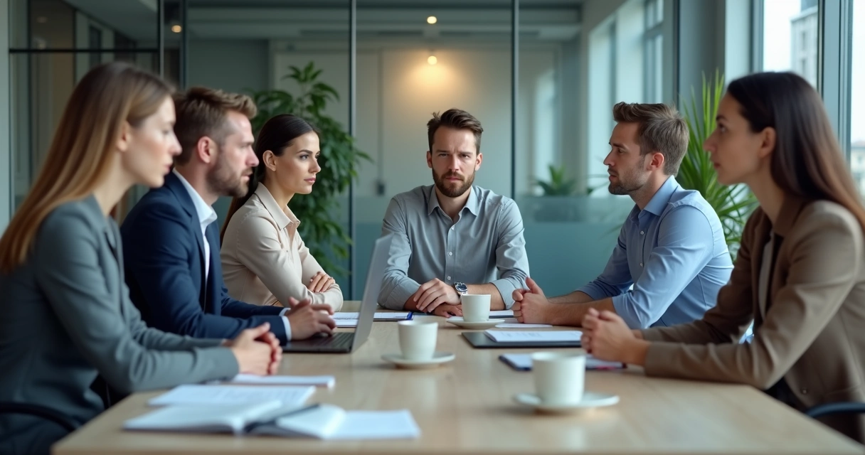 Equipo en reunión con tensión visible en una oficina moderna