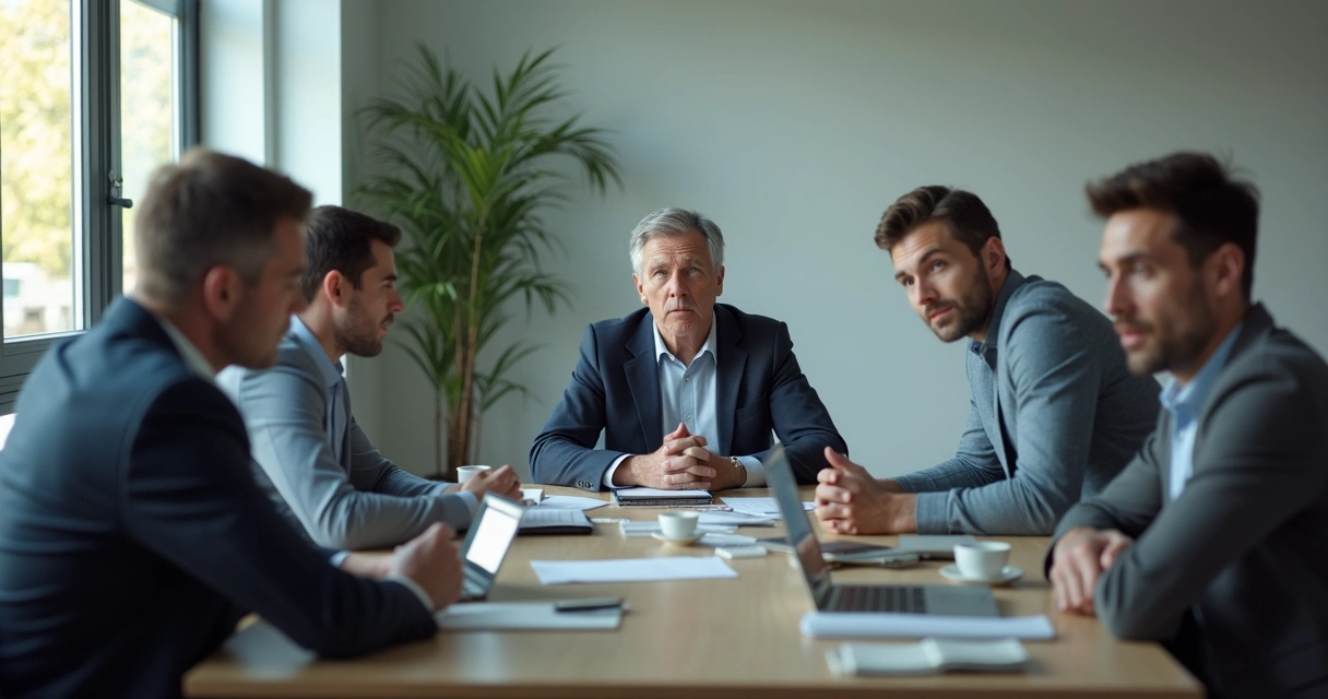 Personas en reunión con tensión visible en una oficina