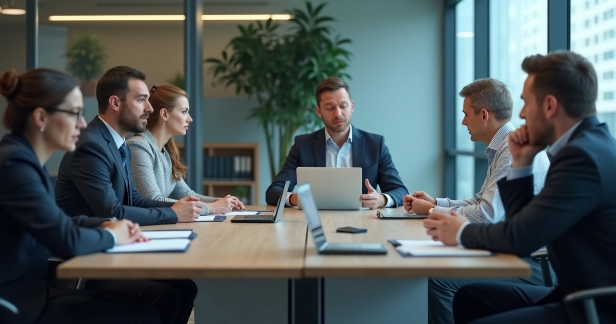 Equipo en reunión tensa con gestos contenidos en oficina moderna 