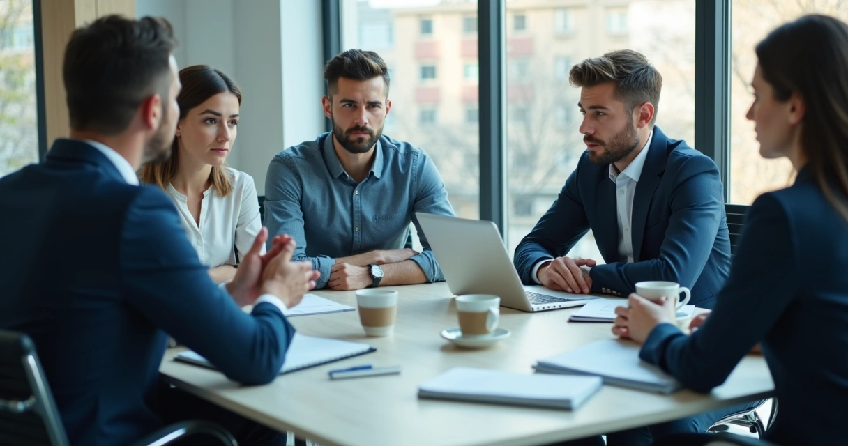 Equipo en reunión tensa en una oficina moderna
