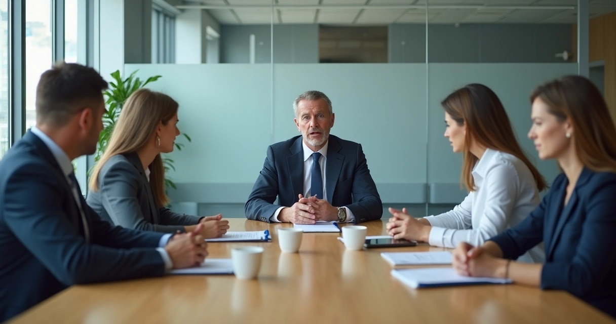 Equipo en reunión tensa con líder al frente