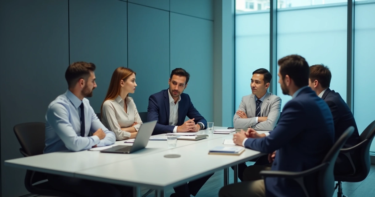 Reunión de equipo con tensión y subgrupos visibles 