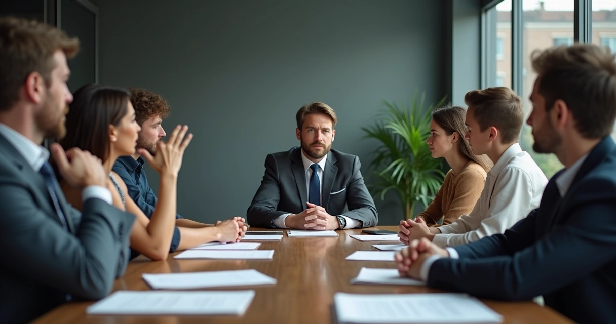 Reunión empresaria con expresiones de tensión, líder y equipo con posturas y miradas diferentes. 