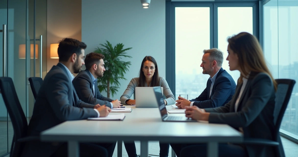 Equipo en reunión con tensión y silencio laboral 