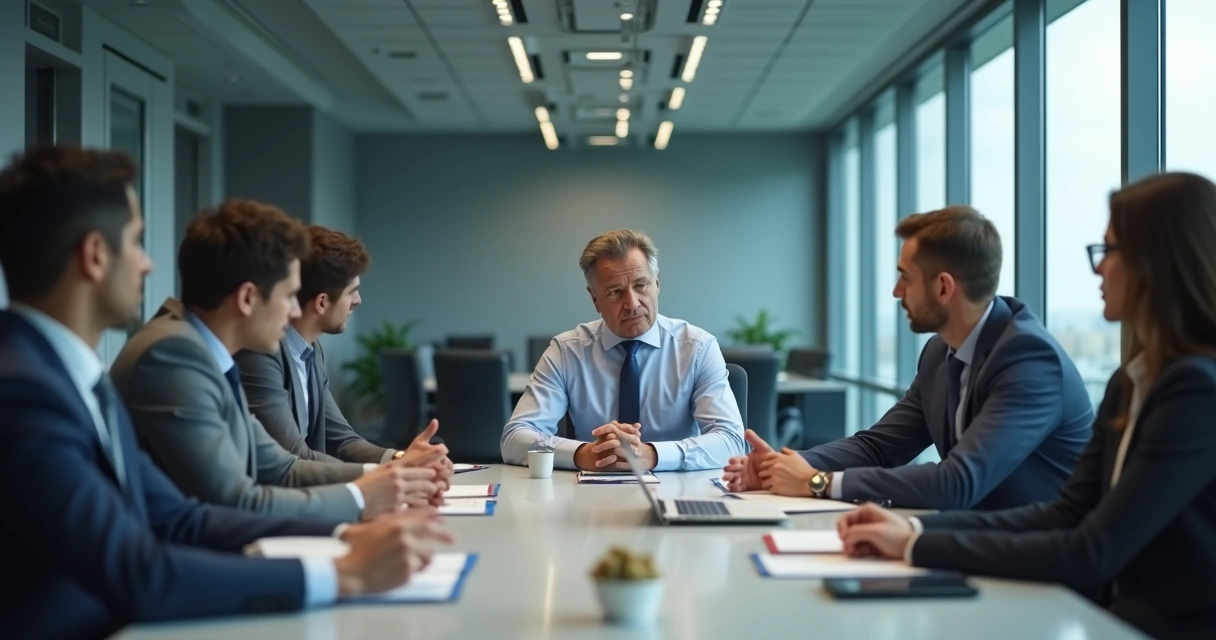 Líder en reunión observando tensión del equipo 