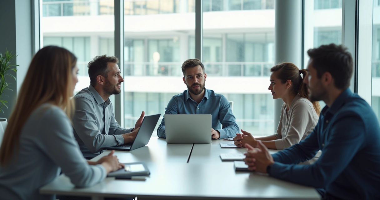 Equipo reunido en oficina con tensión visible entre compañeros 