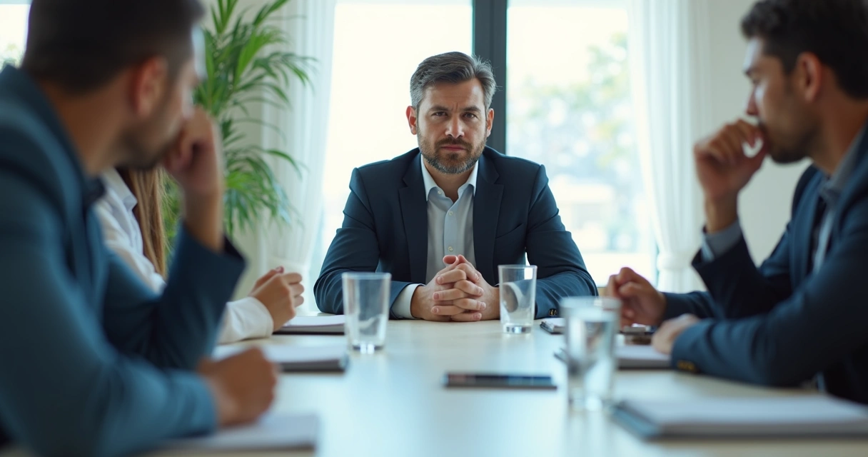 Persona en reunión observando al grupo con gesto tenso