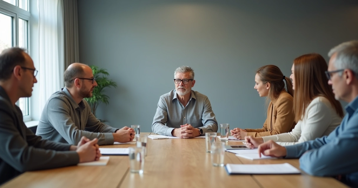 Personas en reunión con gesto tenso y silencio incómodo 