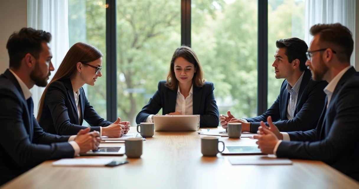 Equipo de trabajo reunido alrededor de una mesa debatiendo seriamente ideas 