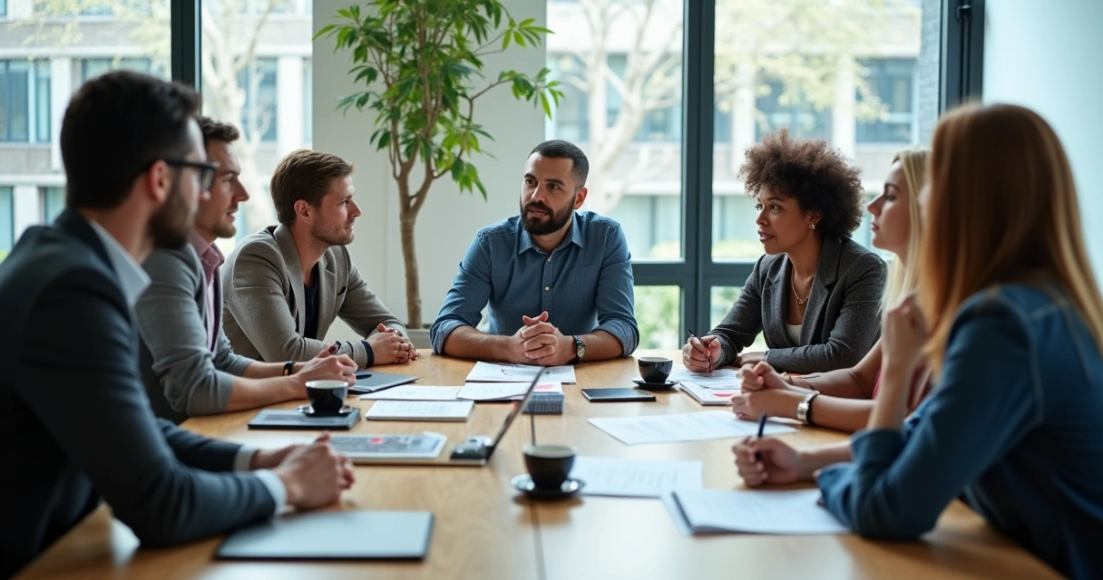 Equipo de trabajo en una sala de reuniones, personas reunidas dialogando y mostrando diversas emociones 
