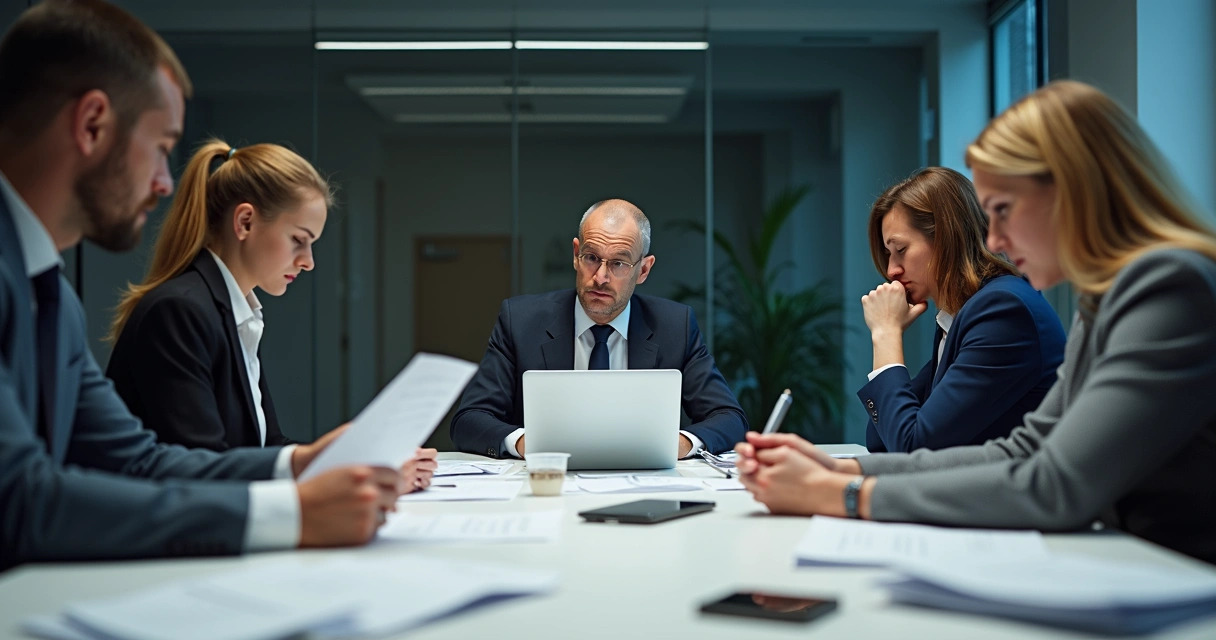 Reunión de trabajo con expresiones faciales de preocupación y tensión 