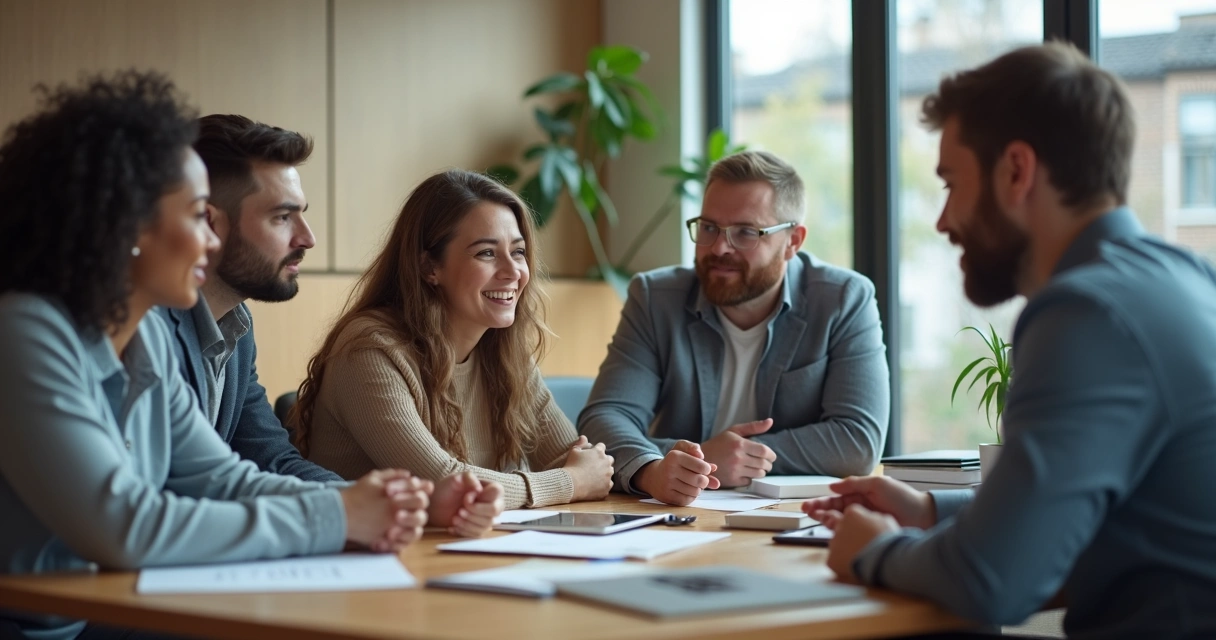 Personas en una sala de reuniones, sentadas alrededor de una mesa, mostrando gestos de apoyo emocional y colaboración