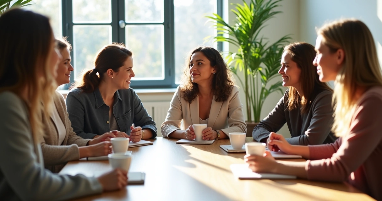 Personas en reunión laboral reflexionando juntos en una oficina iluminada 