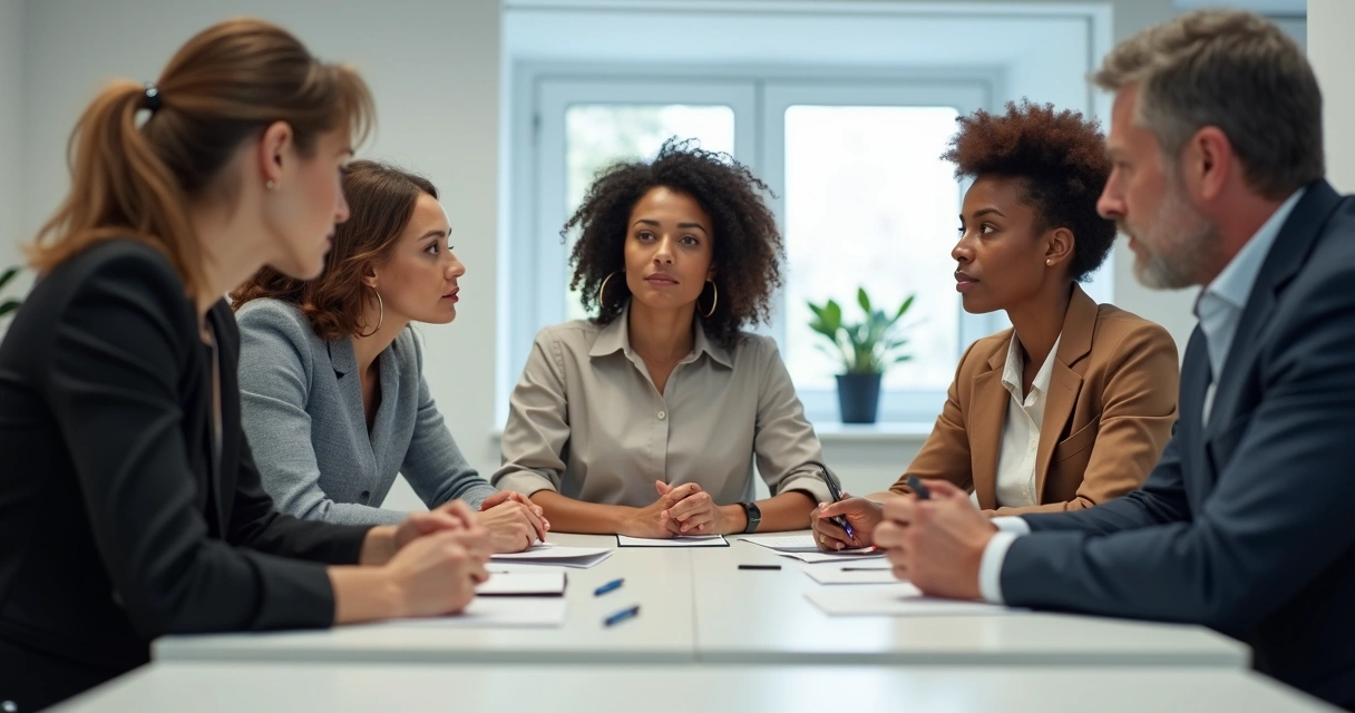 Grupo de empleados en reunión colaborativa, atentos y dialogando 