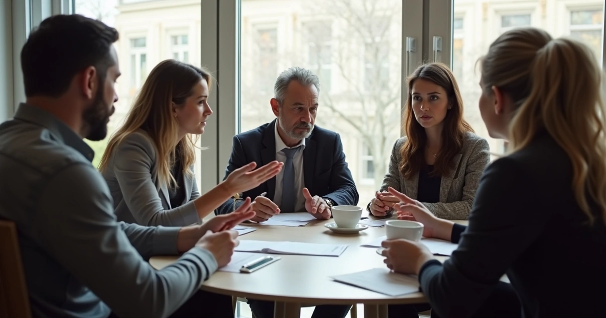 Personas sentadas en círculo debatiendo un tema grupal 