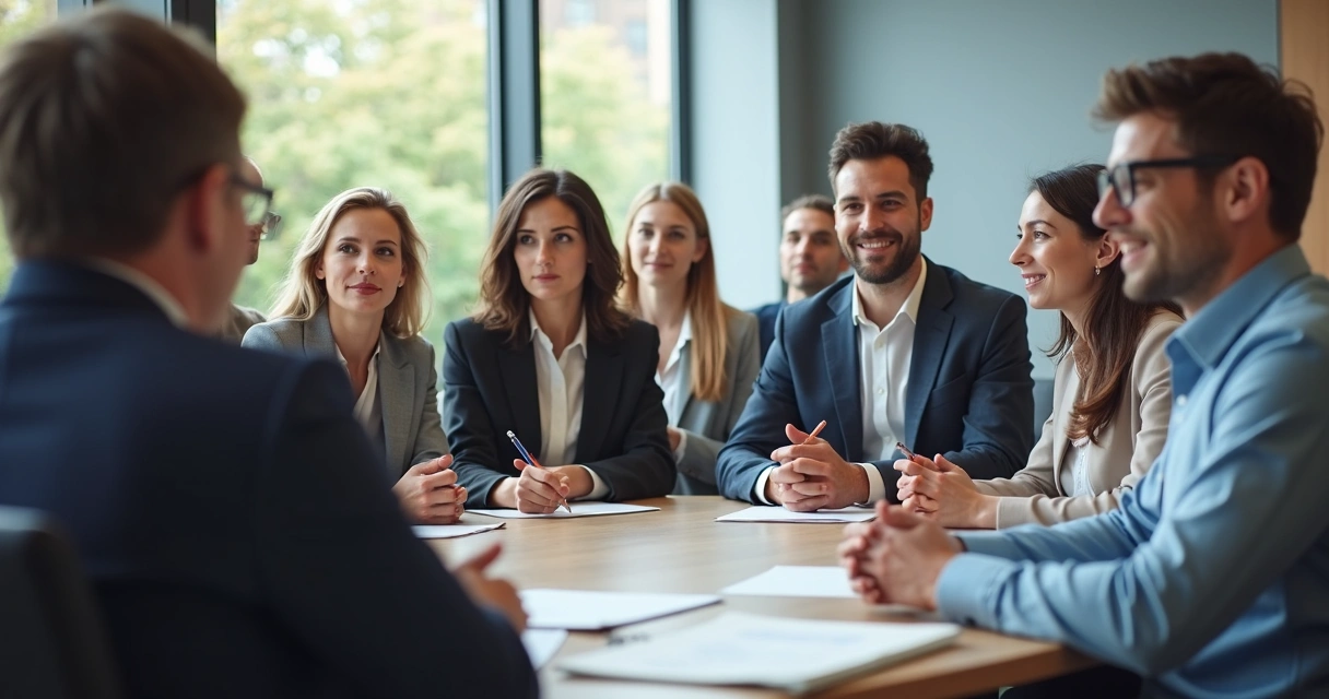 Grupo de empleados en una reunión con atención y lenguaje corporal abierto 