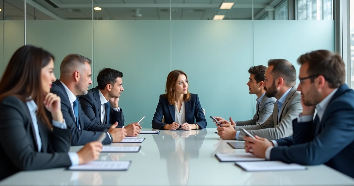 Grupo de personas en una sala de reuniones de oficina, hombres y mujeres intercambiando opiniones mientras una mujer habla 