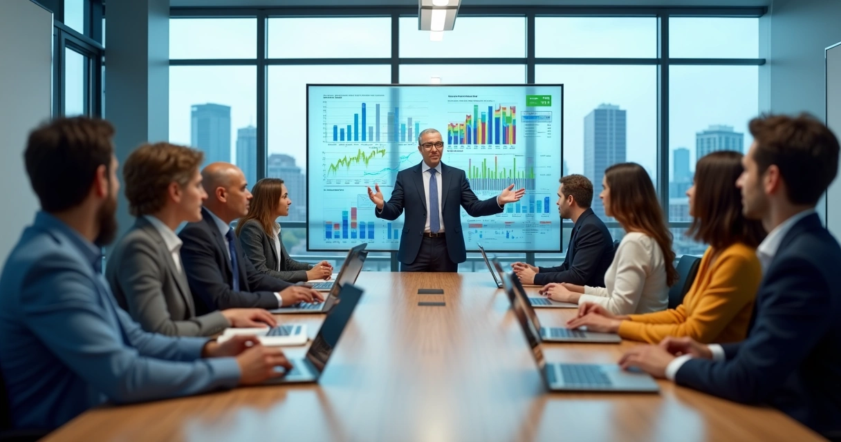 Líder y equipo en reunión abierta con información visible en una oficina moderna 