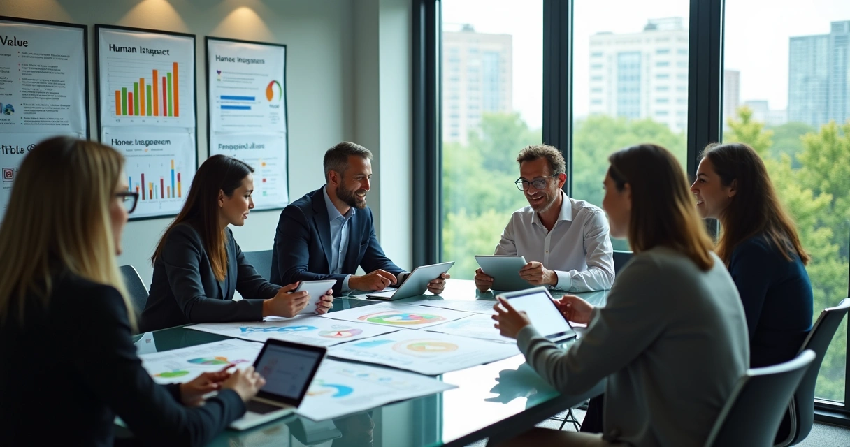 Equipo en una reunión evaluando valores humanos en 2026 