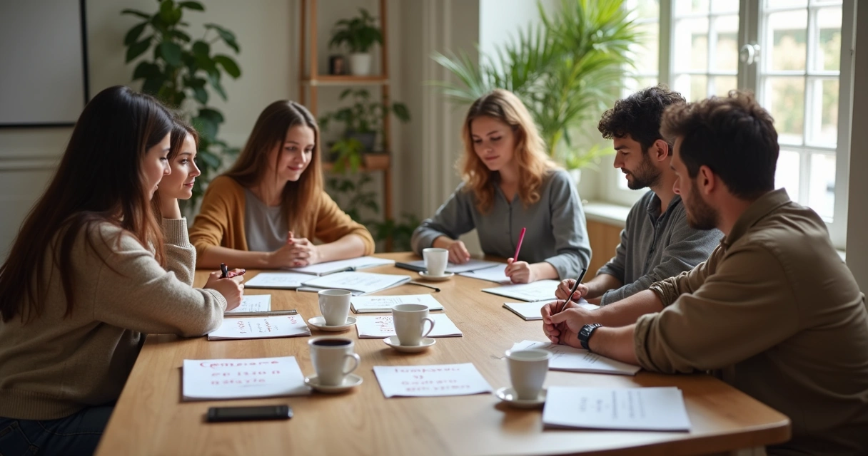Equipo reunido con notas sobre valores y acción social