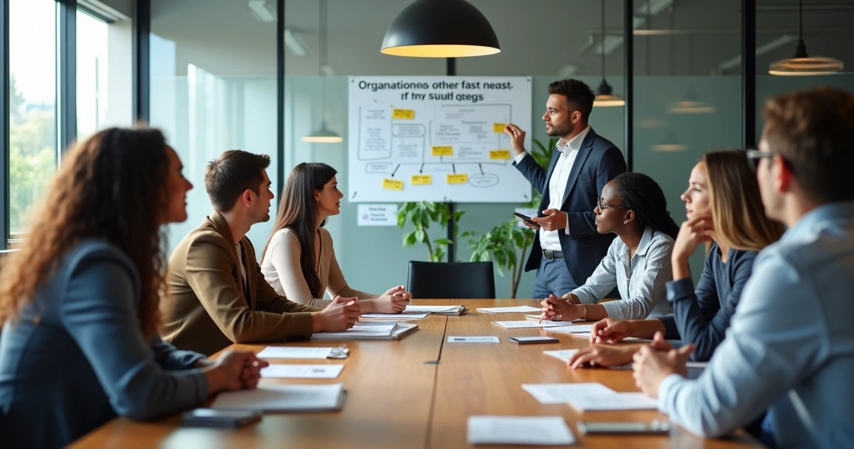 Equipo reunido revisando principios en una sala de trabajo 