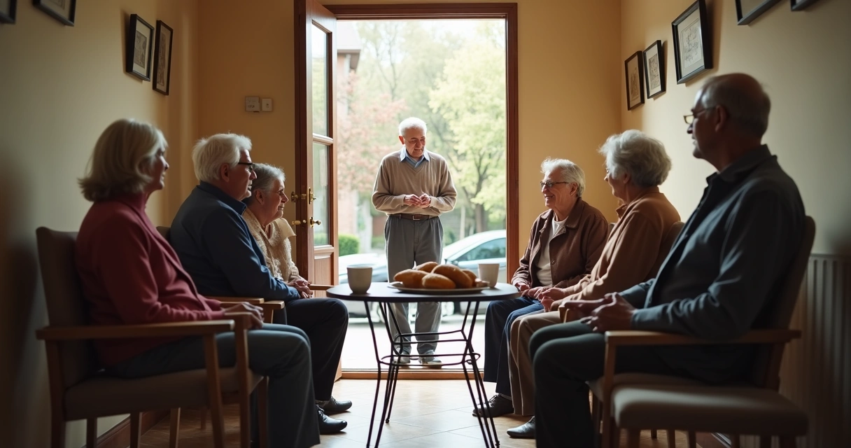 Reunión vecinal con café en un portal 