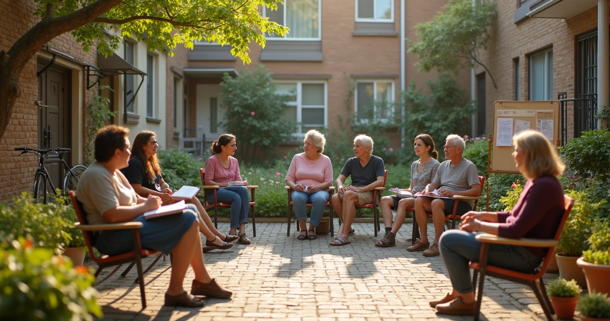 Vecinos reunidos en un patio comunitario con notas y plantas