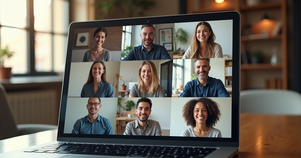 Videollamada grupal mostrando personas con gestos amables