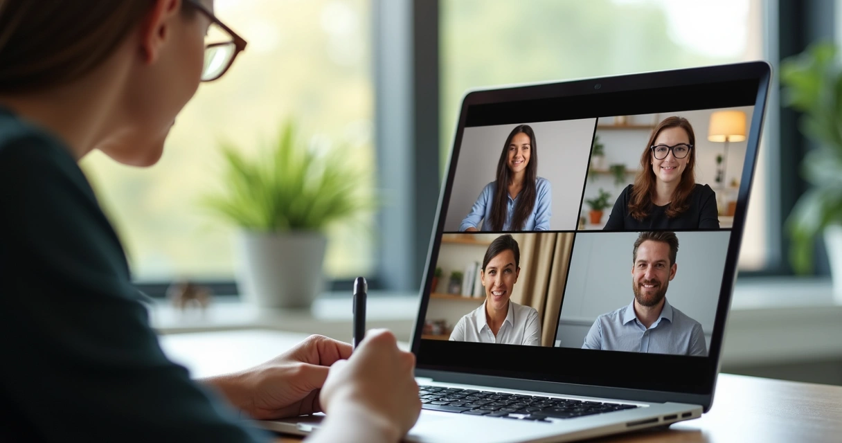 Equipo en videollamada con gestos atentos y ambiente de trabajo sereno 