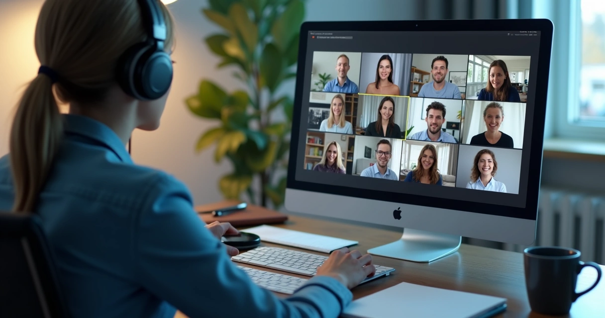 Pantalla con reunión virtual y participante aislado 