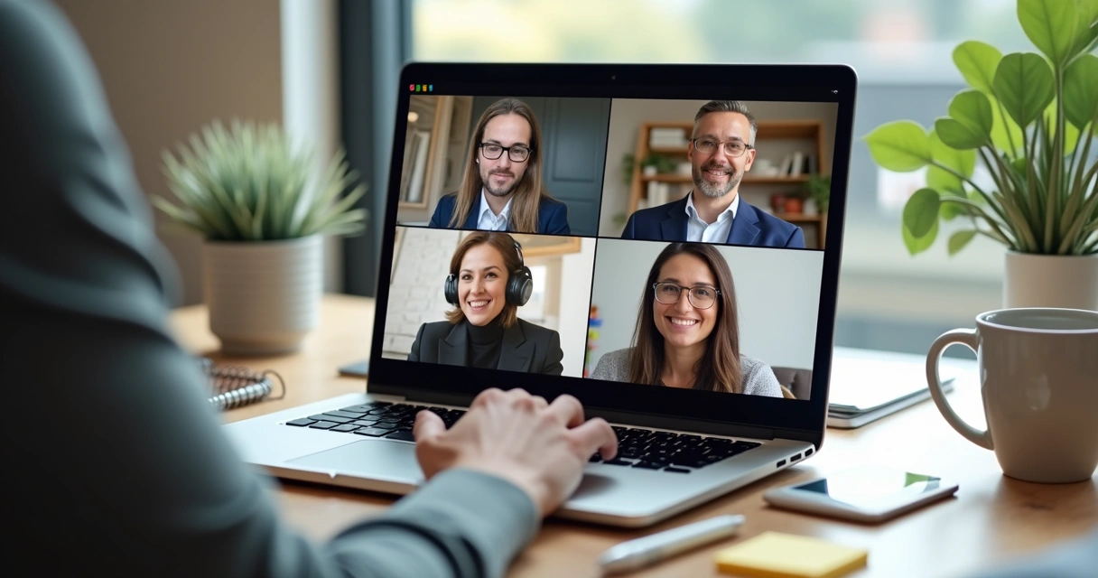 Equipo en videollamada con gestos de atención y notas compartidas