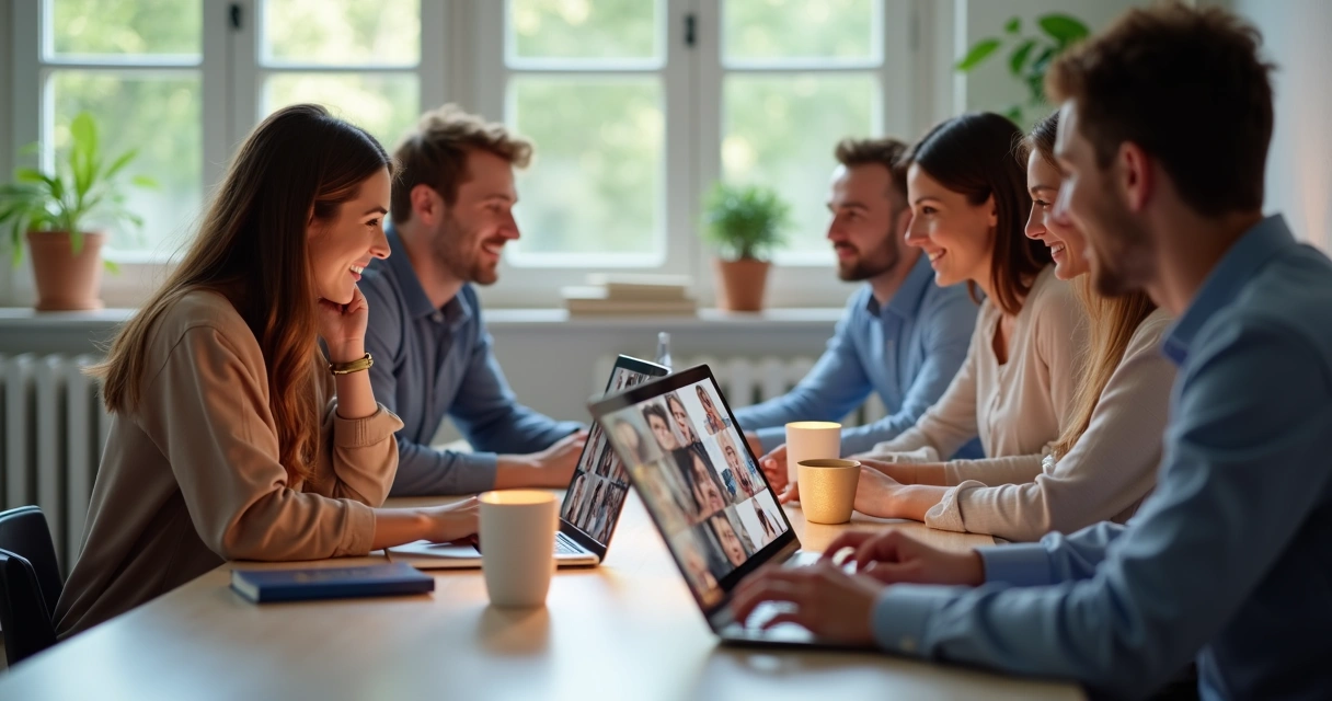 Personas reunidas frente a computadoras en videollamada