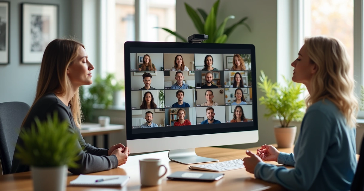 Equipo reunido en una videollamada laboral mientras practican una breve pausa de mindfulness juntos 