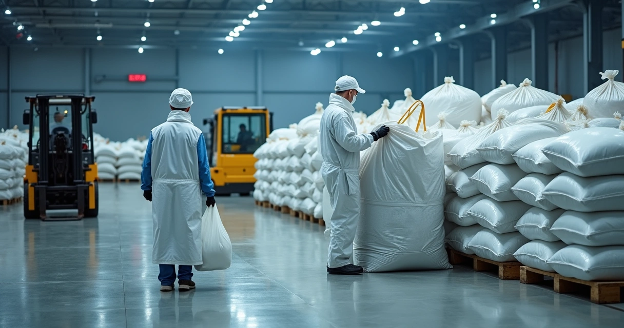 Funcionários reutilizando big bags em ambiente industrial